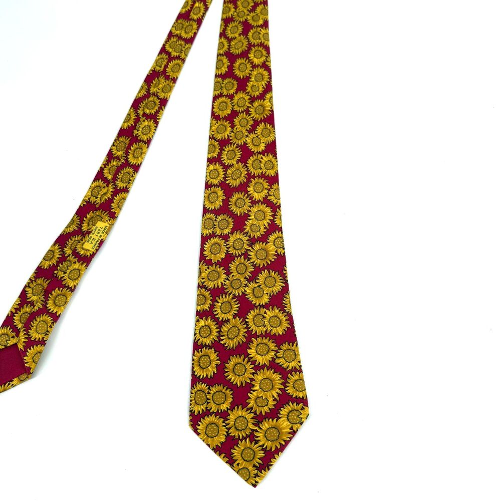 Vintage Hermes Sunflower Floral 100% Silk Tie Bright Office Party Wedding Mens